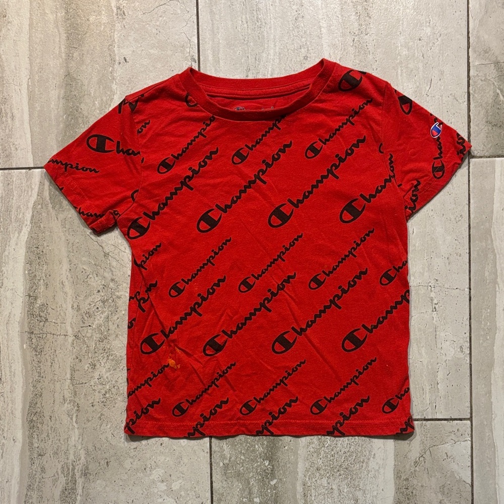 Champion Kids Red Short Sleeve Tee with Black Allover Logo